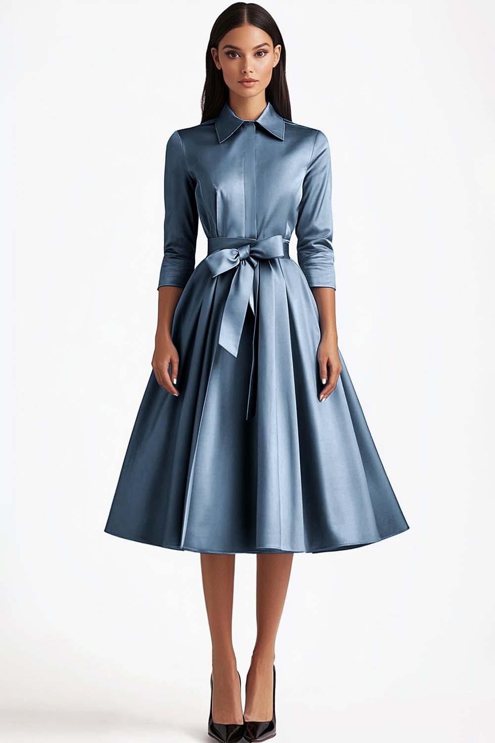 Blaues A-Linie Mittellanges Partykleid mit langen Ärmeln und Knopfverschlüssen