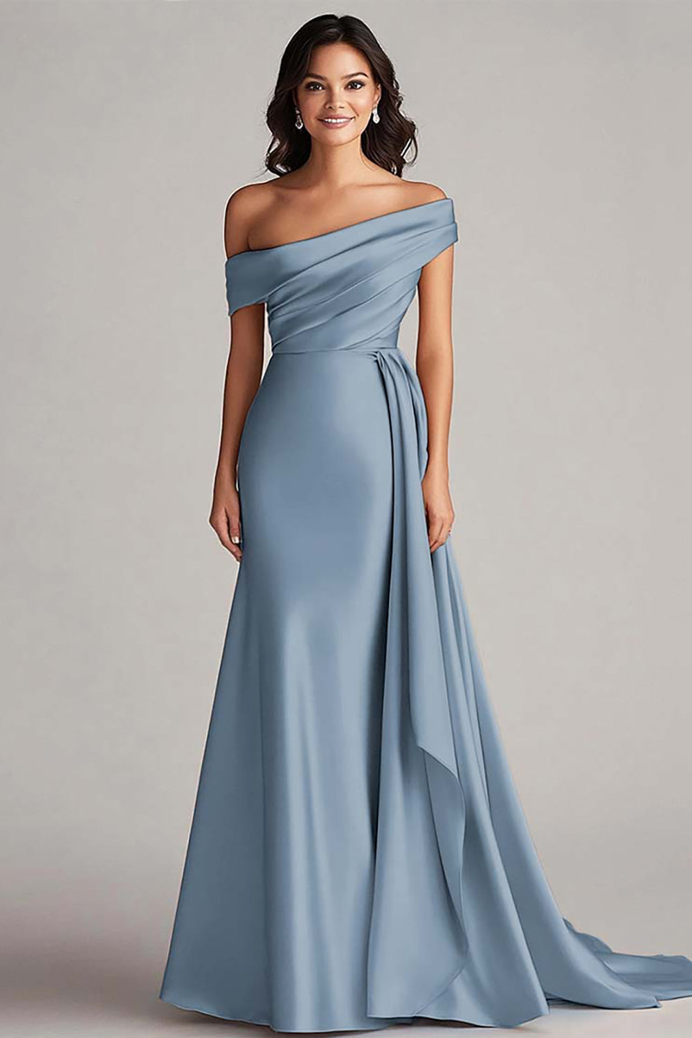 Langes Champagner Abendkleid mit einer Schulter und Falten
