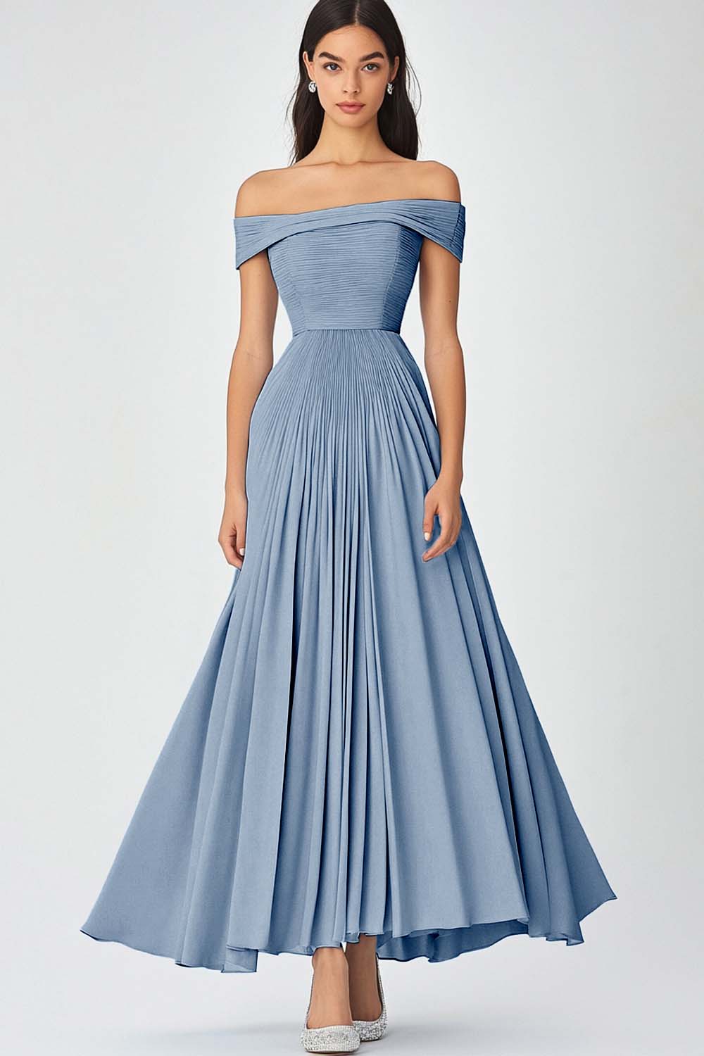 Schulterfreies Himmelblaues A-Linie Gerafftes Chiffon Abendkleid