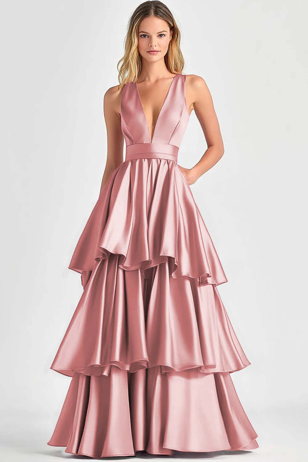 Fuchsia Ballkleid in A-Linie mit V-Ausschnitt und Rüschen