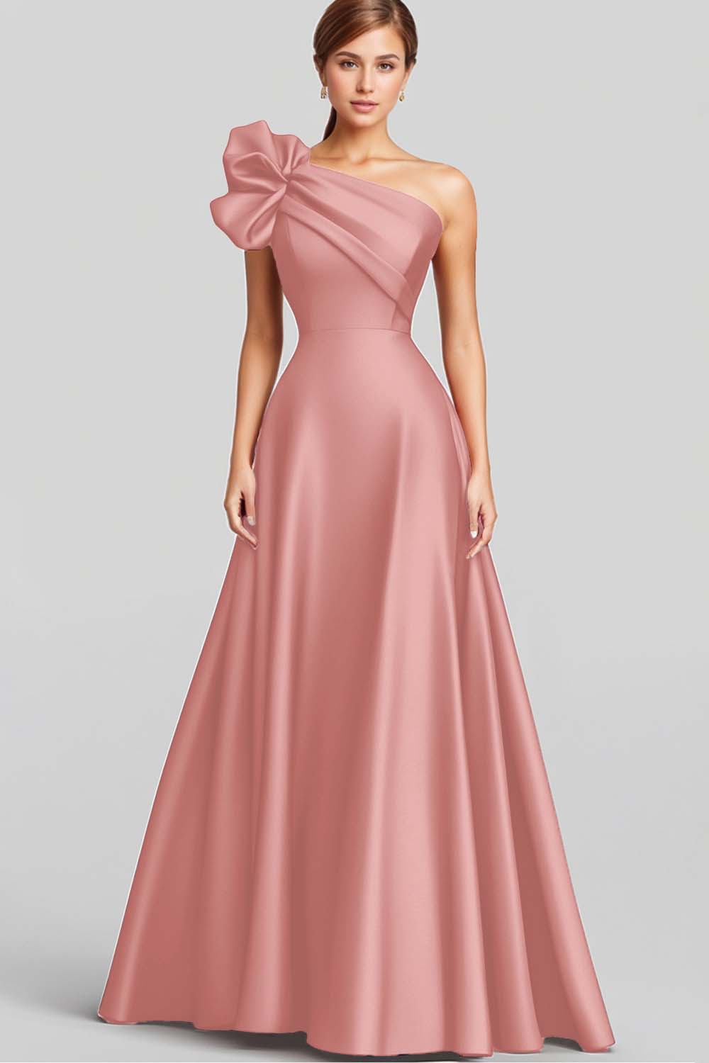 Marineblaues Langes Satin Abendkleid in A-Linie mit Rüschen und einer Schulter
