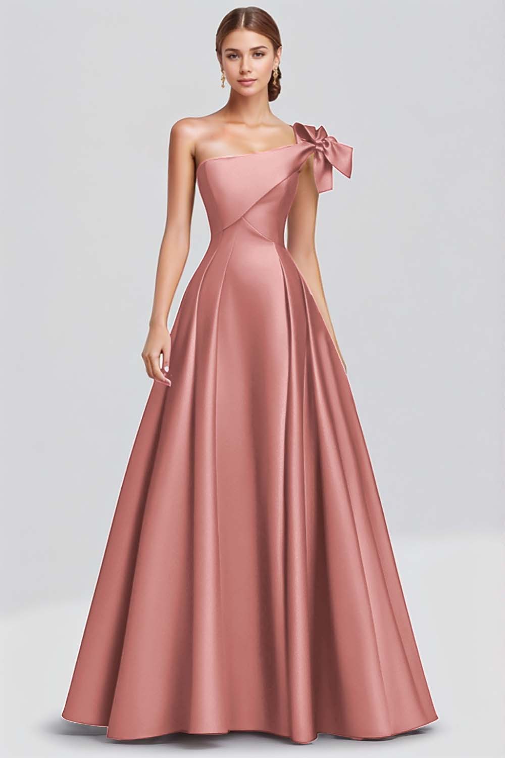 Fuchsia A-Linie Langes Satin Ballkleid mit einer Schulterschleife