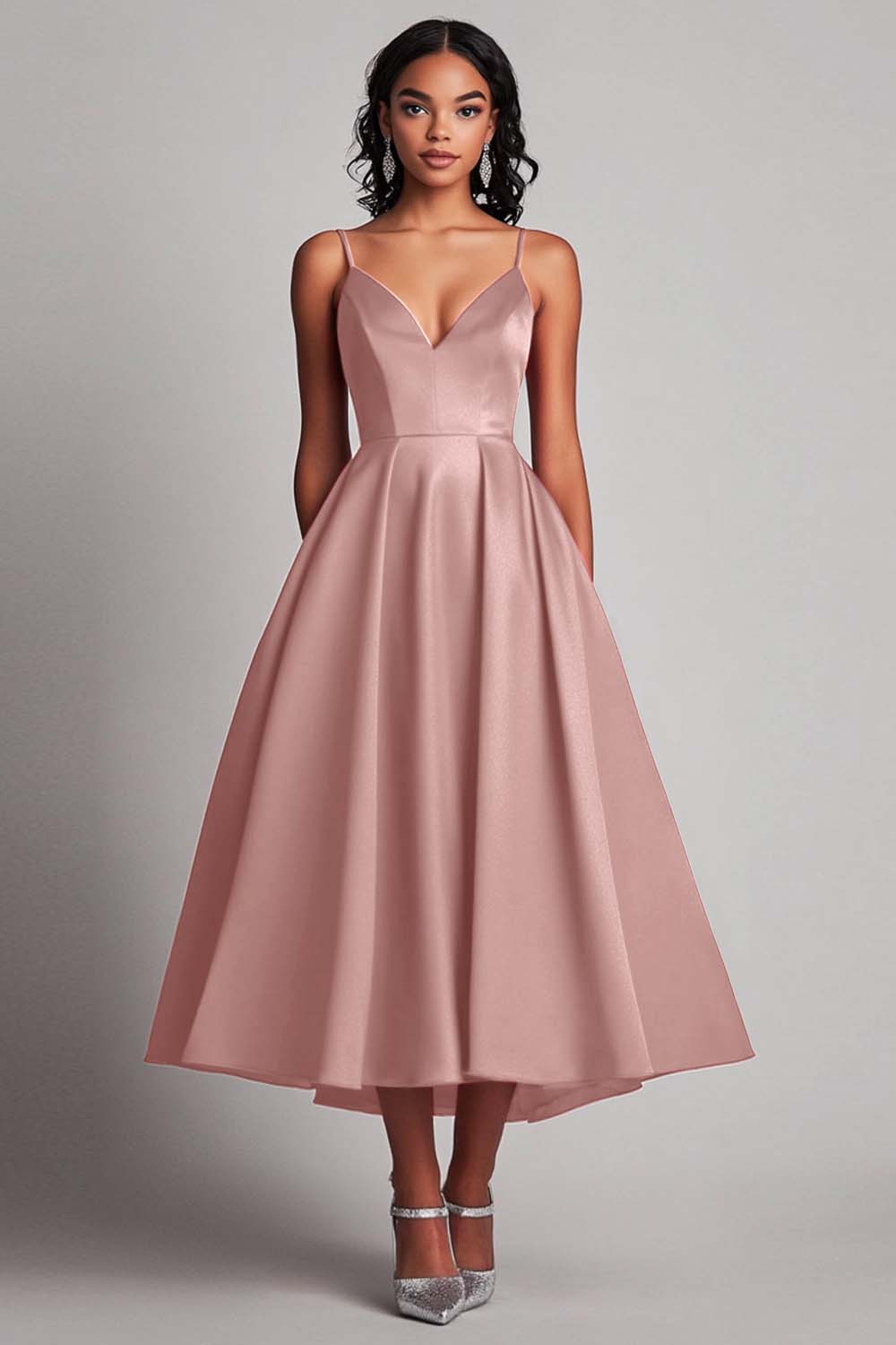 Rotes Teelänge A-Linie Satin Partykleid