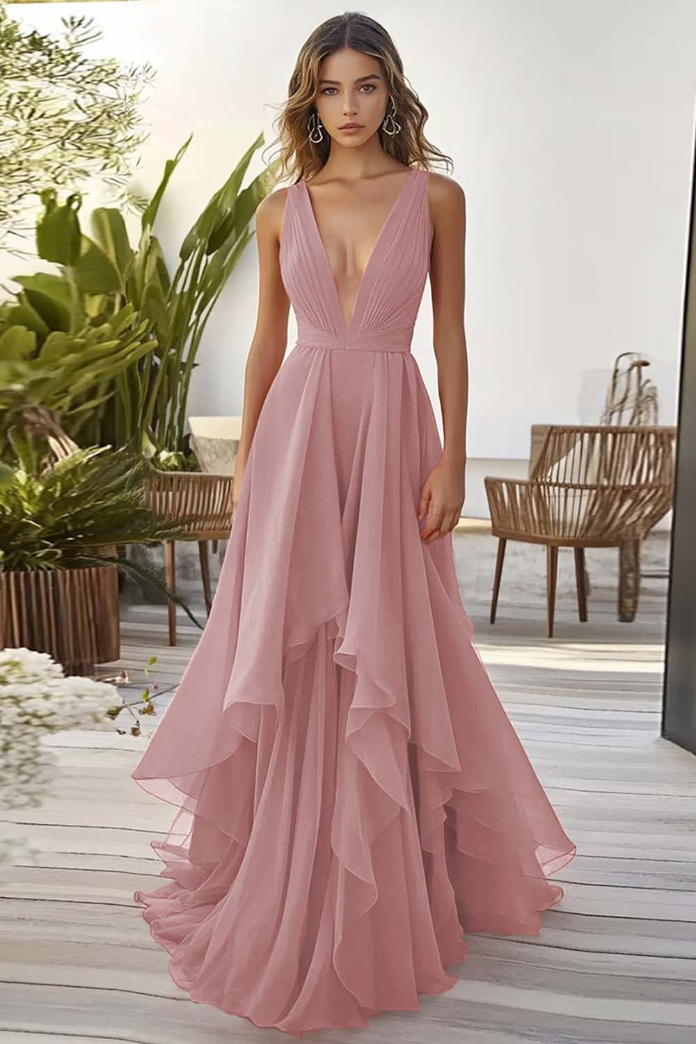 Orange Chiffon Hochzeitsgastkleid mit Rüschen in A-Linie