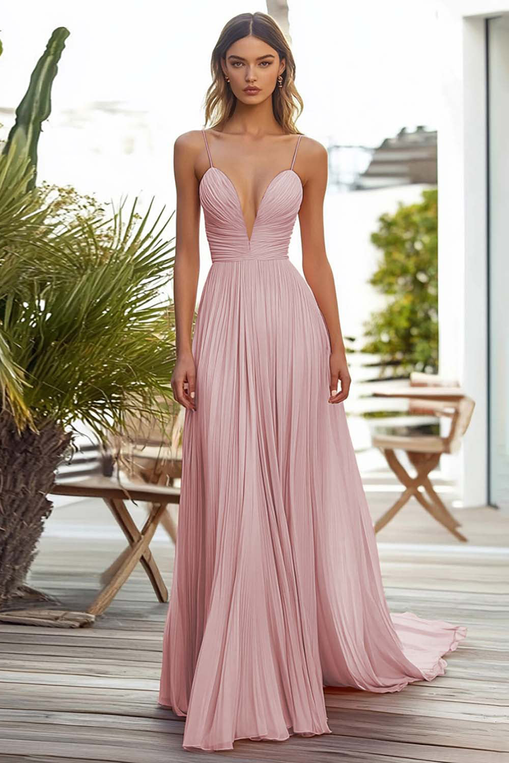 Rosa A-Linie Plissee Langes Hochzeitsgastkleid