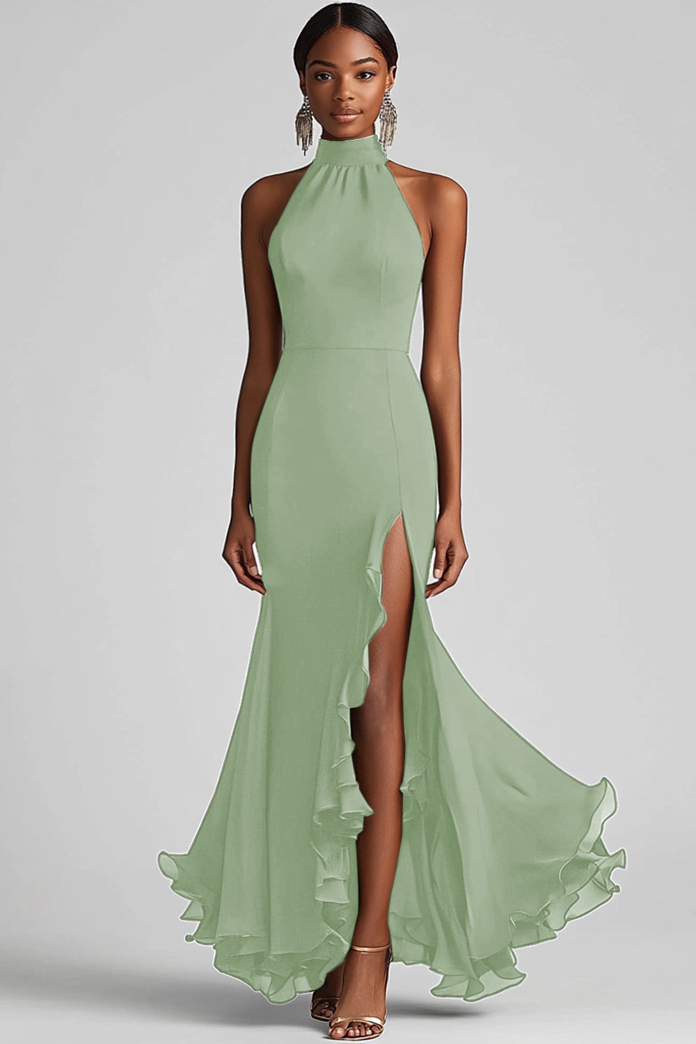 Schwarzes Meerjungfrau Langes Neckholder Rüschen Ballkleid mit Schlitz