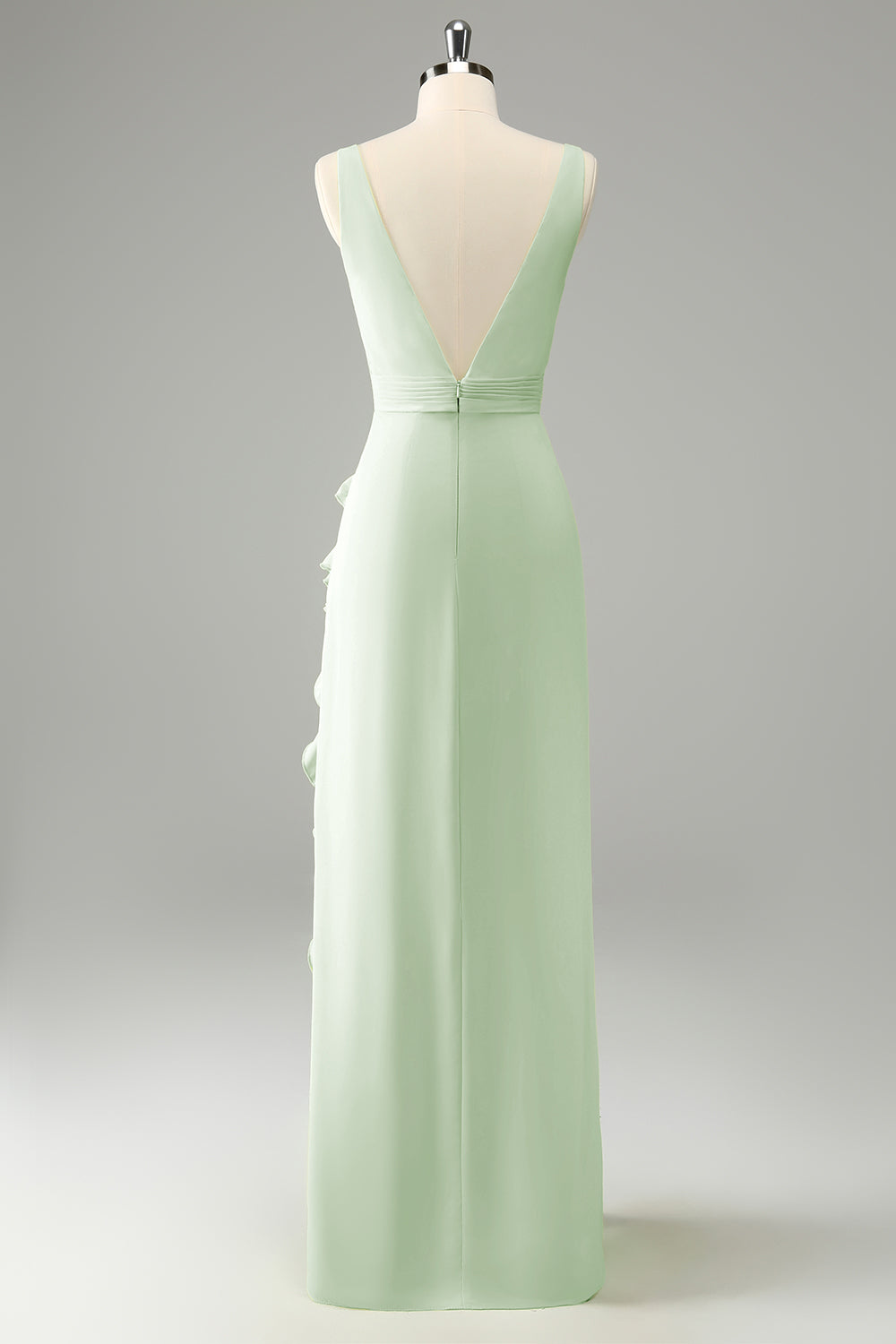 Zitrone Hochzeitsgastkleid mit tiefem V-Ausschnitt und Rüschen und Schlitz