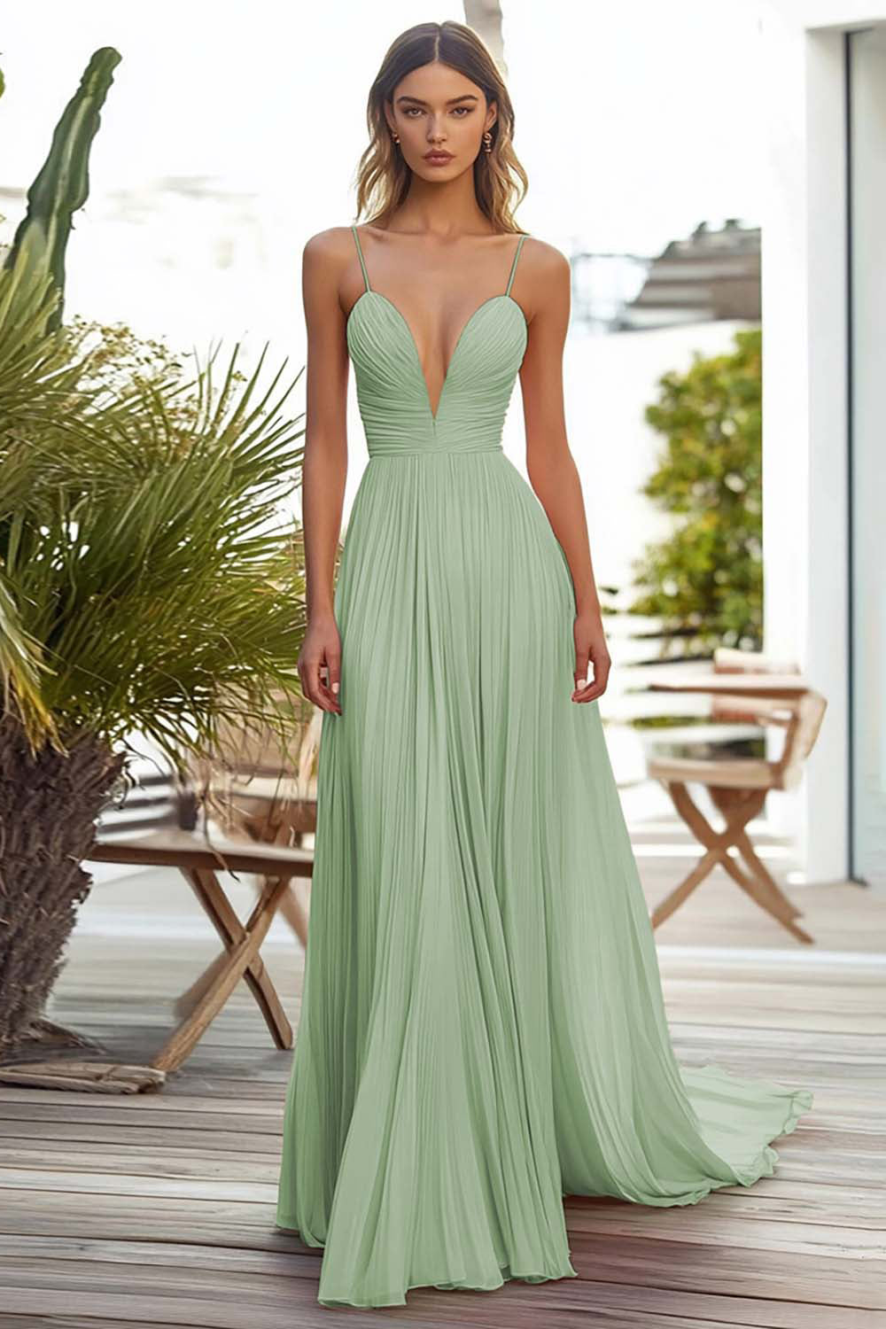 Rosa A-Linie Plissee Langes Hochzeitsgastkleid
