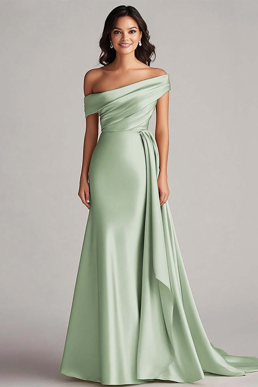 Langes Champagner Abendkleid mit einer Schulter und Falten