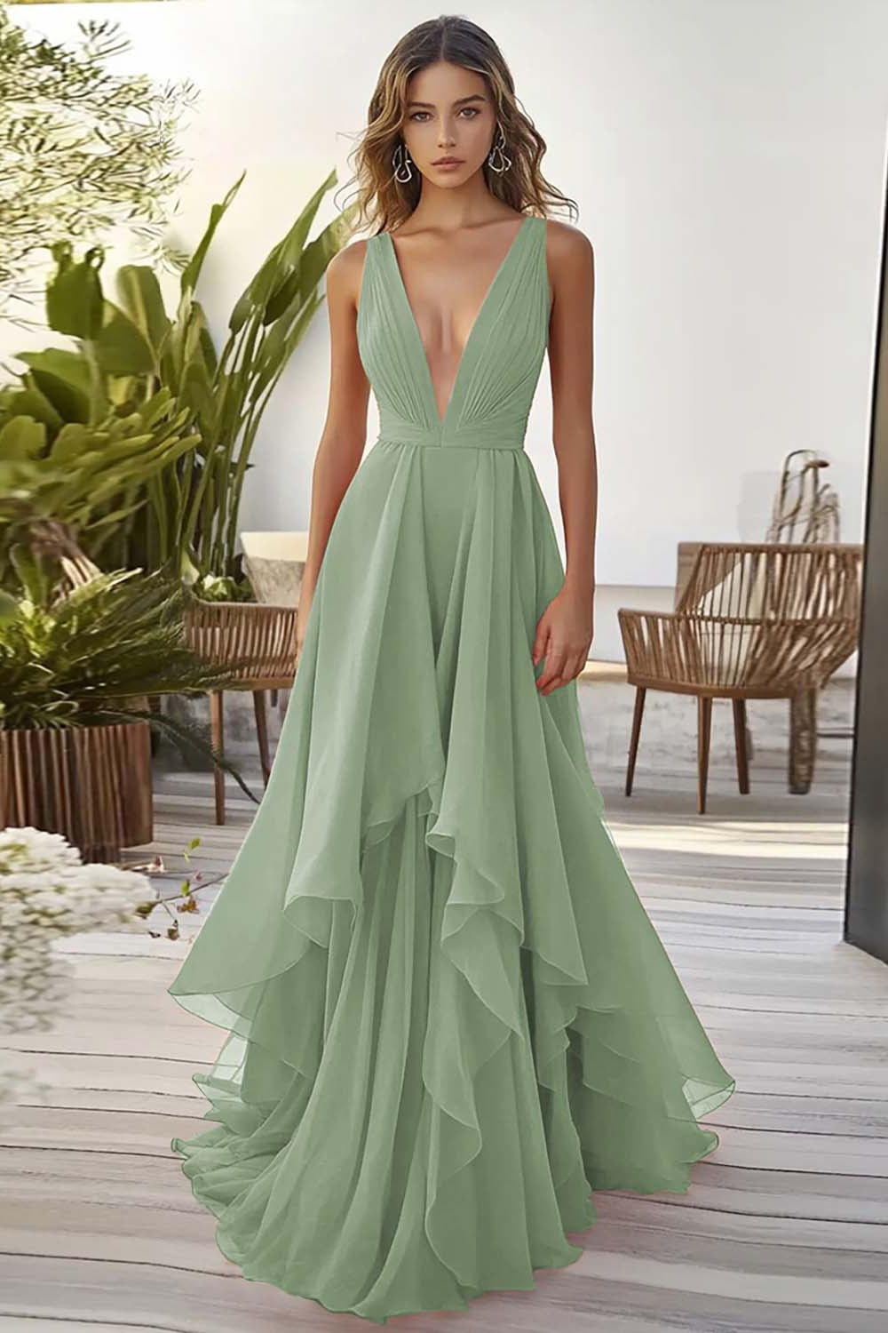 Orange Chiffon Hochzeitsgastkleid mit Rüschen in A-Linie
