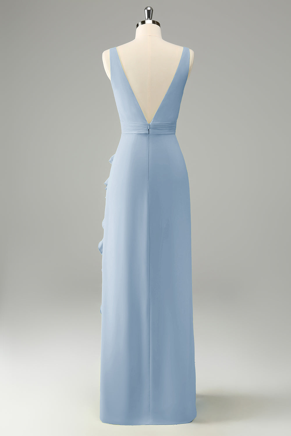 Zitrone Hochzeitsgastkleid mit tiefem V-Ausschnitt und Rüschen und Schlitz
