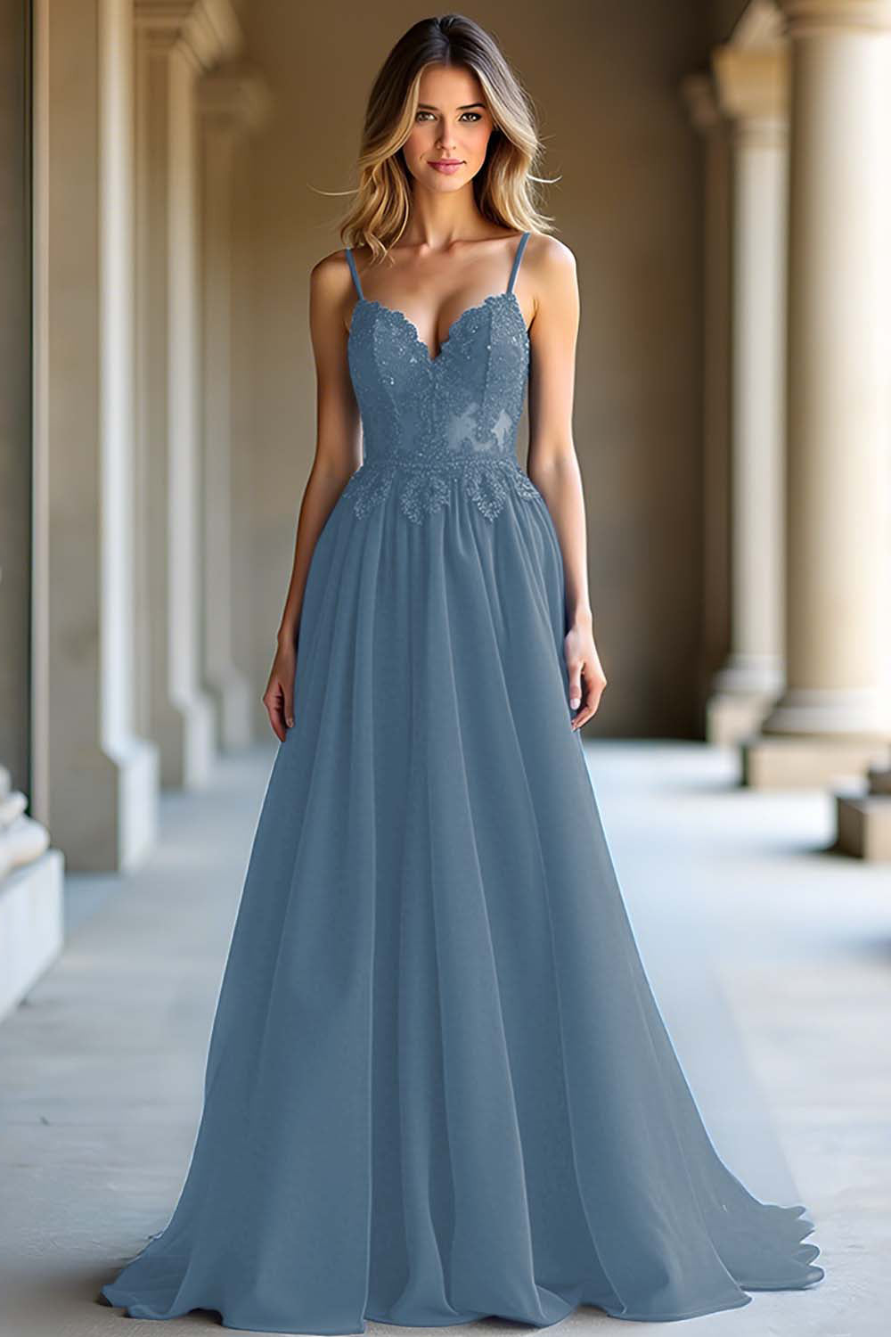 A Linie Dunkelblaues Spaghettiträger Herzförmiges Langes Ballkleid
