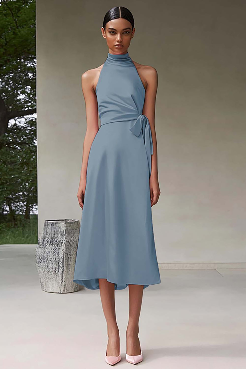 Rosa A-Linie Neckholder Teelänge Satin Partykleid
