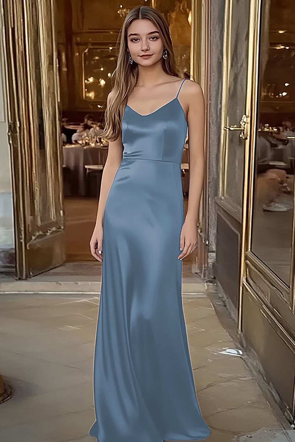 Spaghettiträger Kaffee Satin Langes Ballkleid