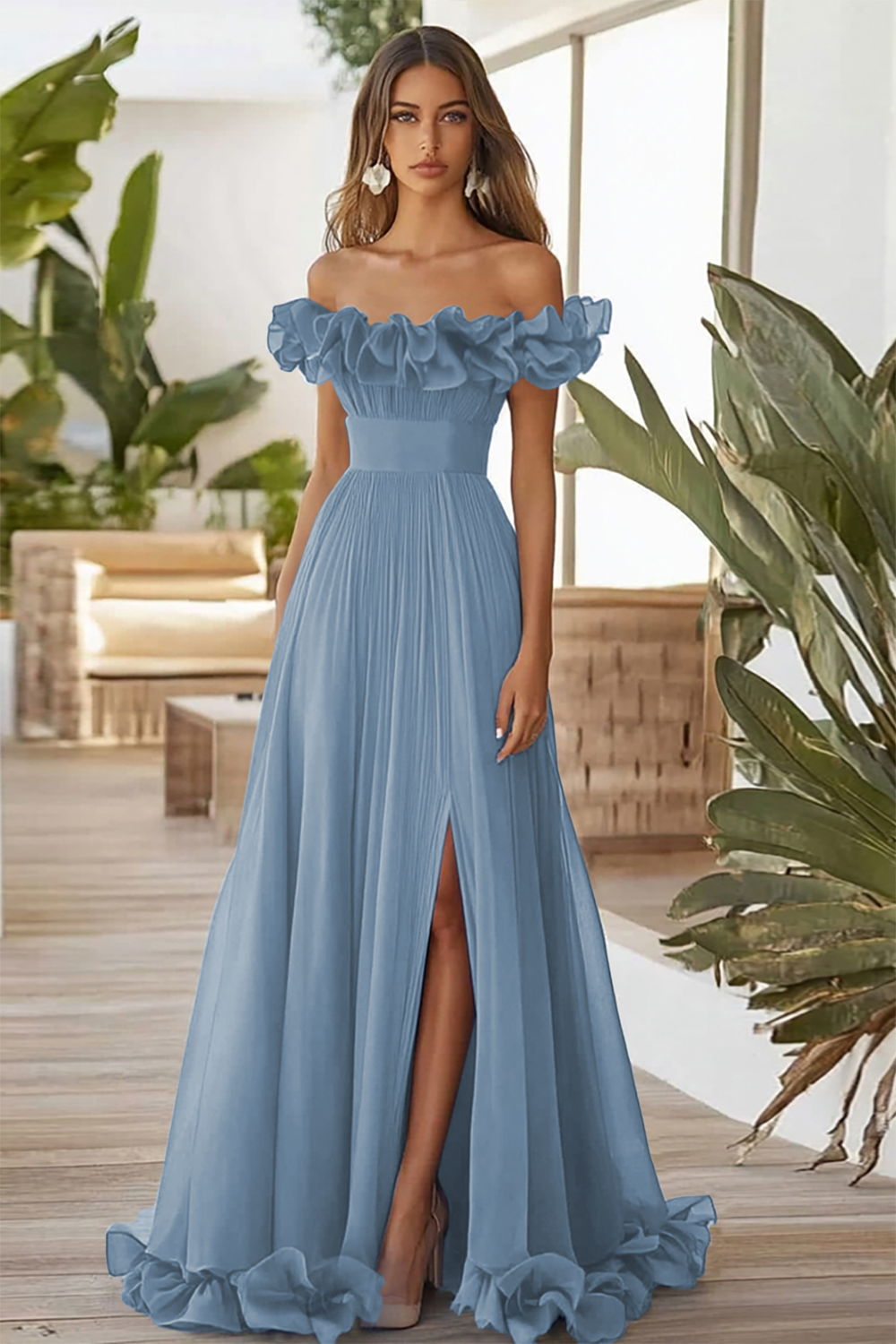 Schulterfreies Blaues A-Linie Ballkleid mit Schlitz