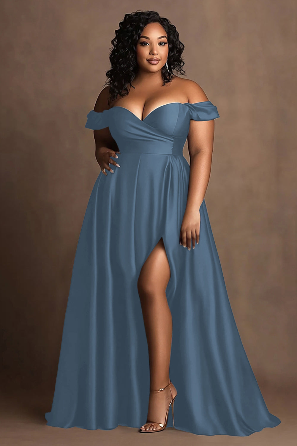 Große Größen Marineblaues Schulterfreies Satin Ballkleid mit Schlitz