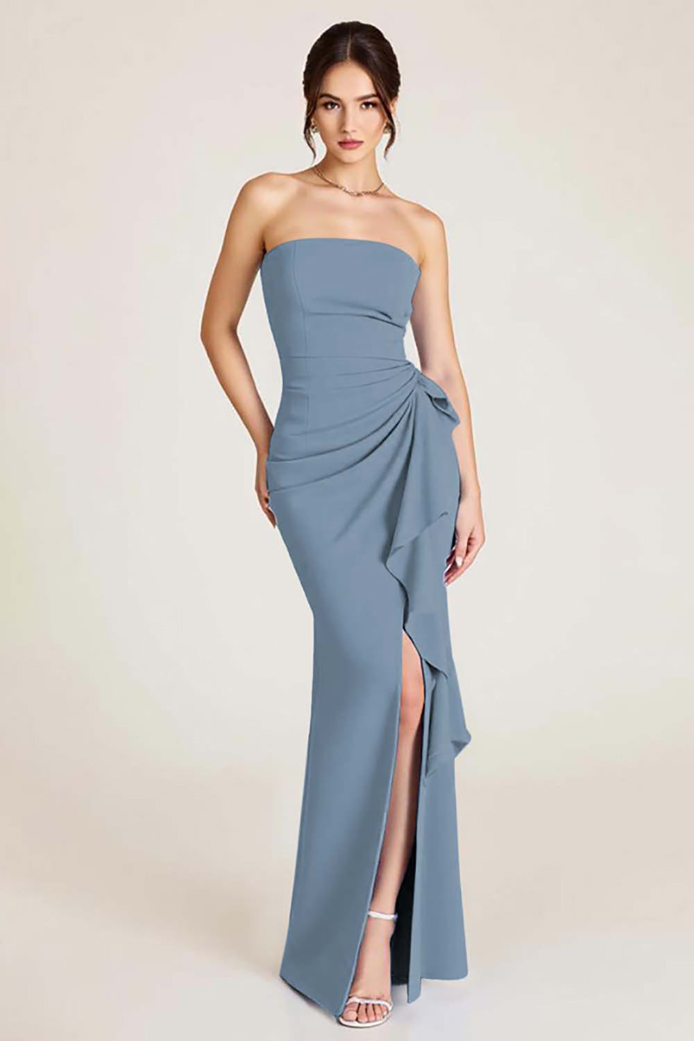 Himmelblaues Meerjungfrauen Hochzeitsgastkleid mit Rüschen und Schlitz