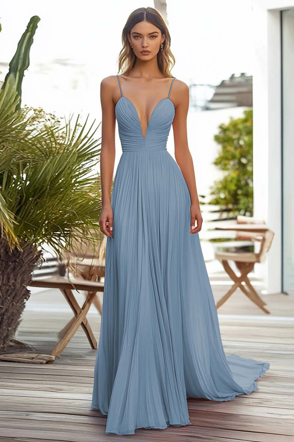 Rosa A-Linie Plissee Langes Hochzeitsgastkleid