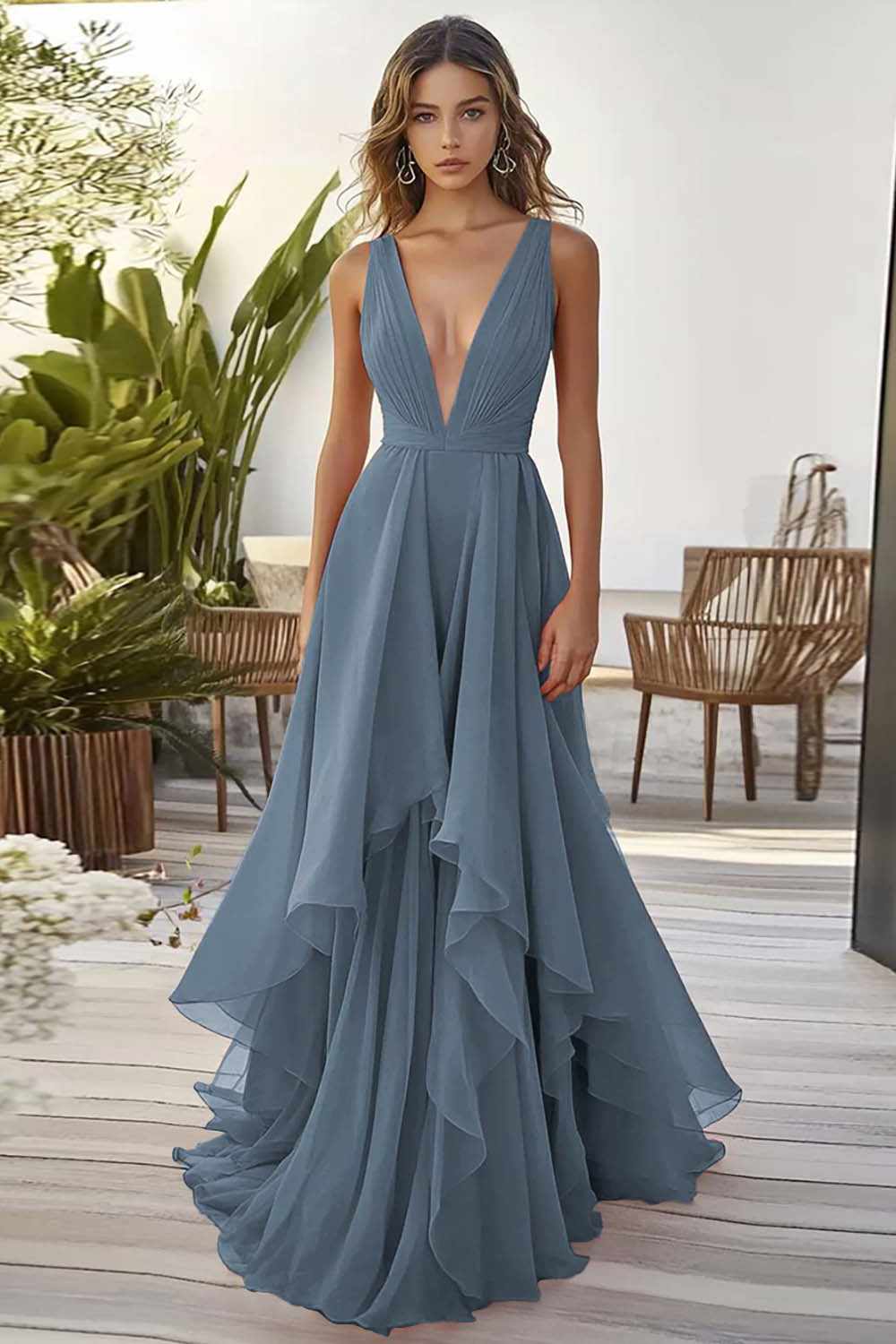 Orange Chiffon Hochzeitsgastkleid mit Rüschen in A-Linie