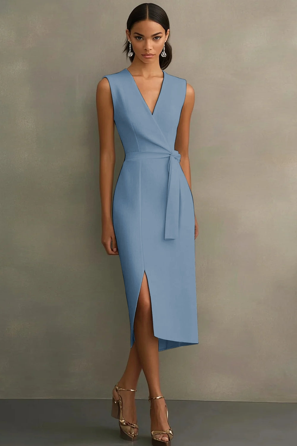 Weißes V-Ausschnitt Satin Standesamtkleid mit Gürtel