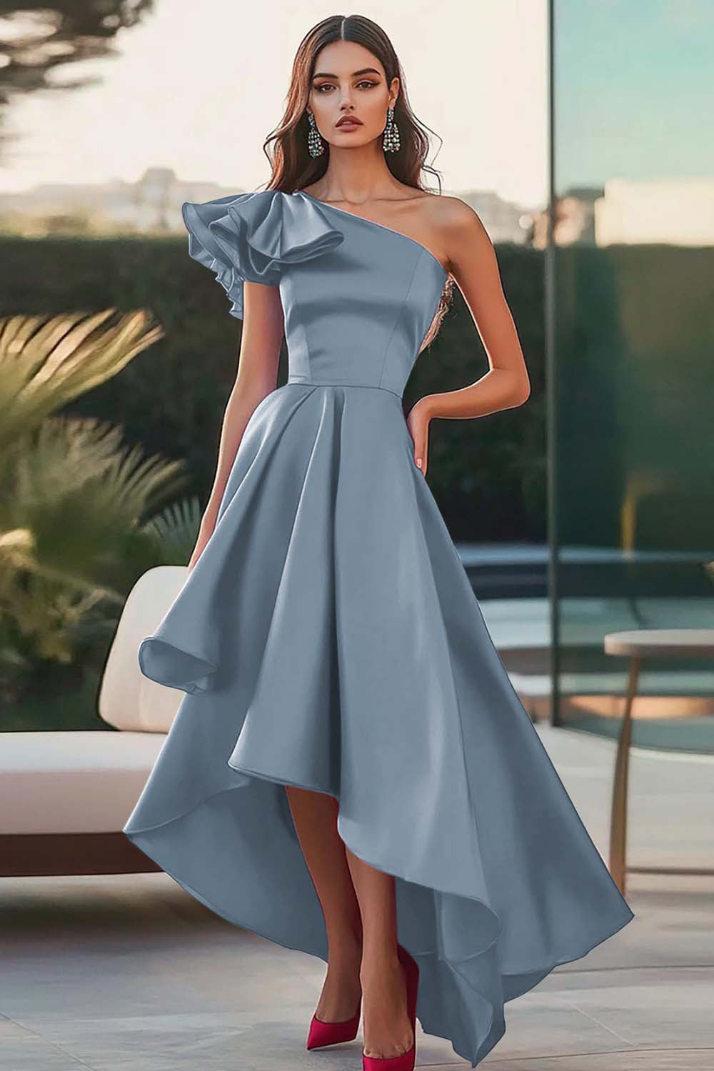 Fuchsia Eine Schulter High-Low Satin Ballkleid in A-Linie