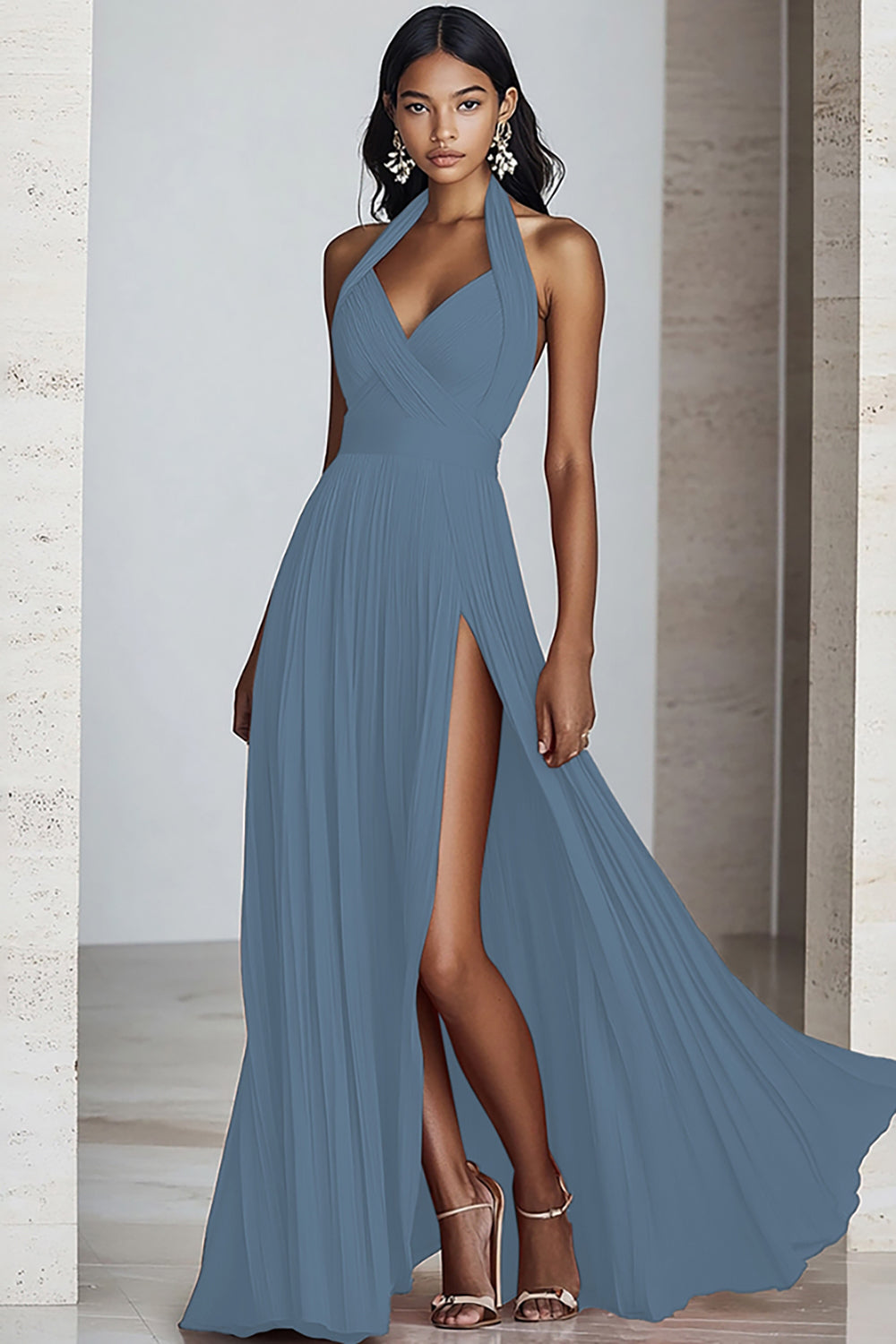 Schwarzes A-Linie Neckholder Chiffon Langes Plissiertes Ballkleid