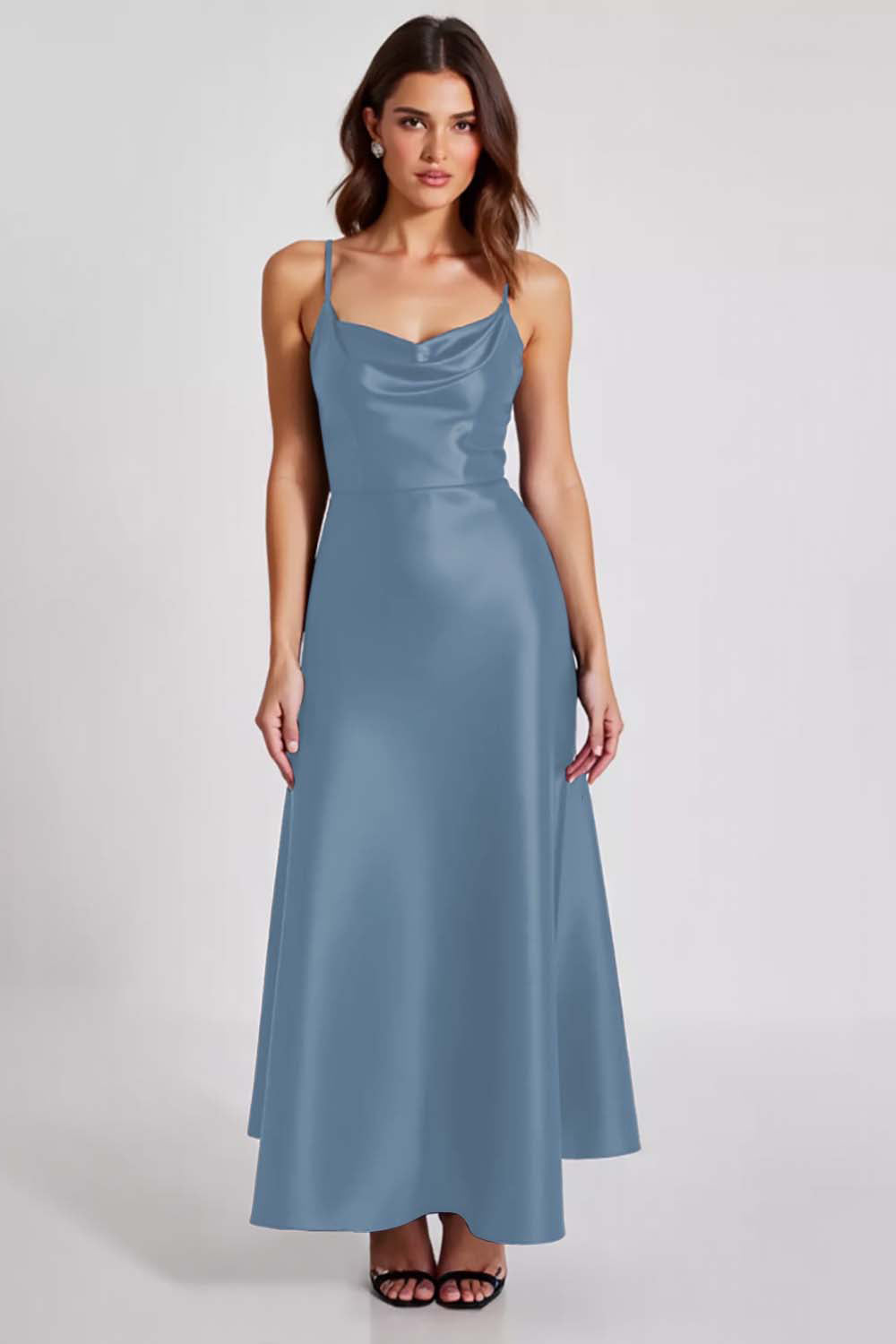 Marineblaues Satin Ballkleid mit Spaghettiträgern in A-Linie