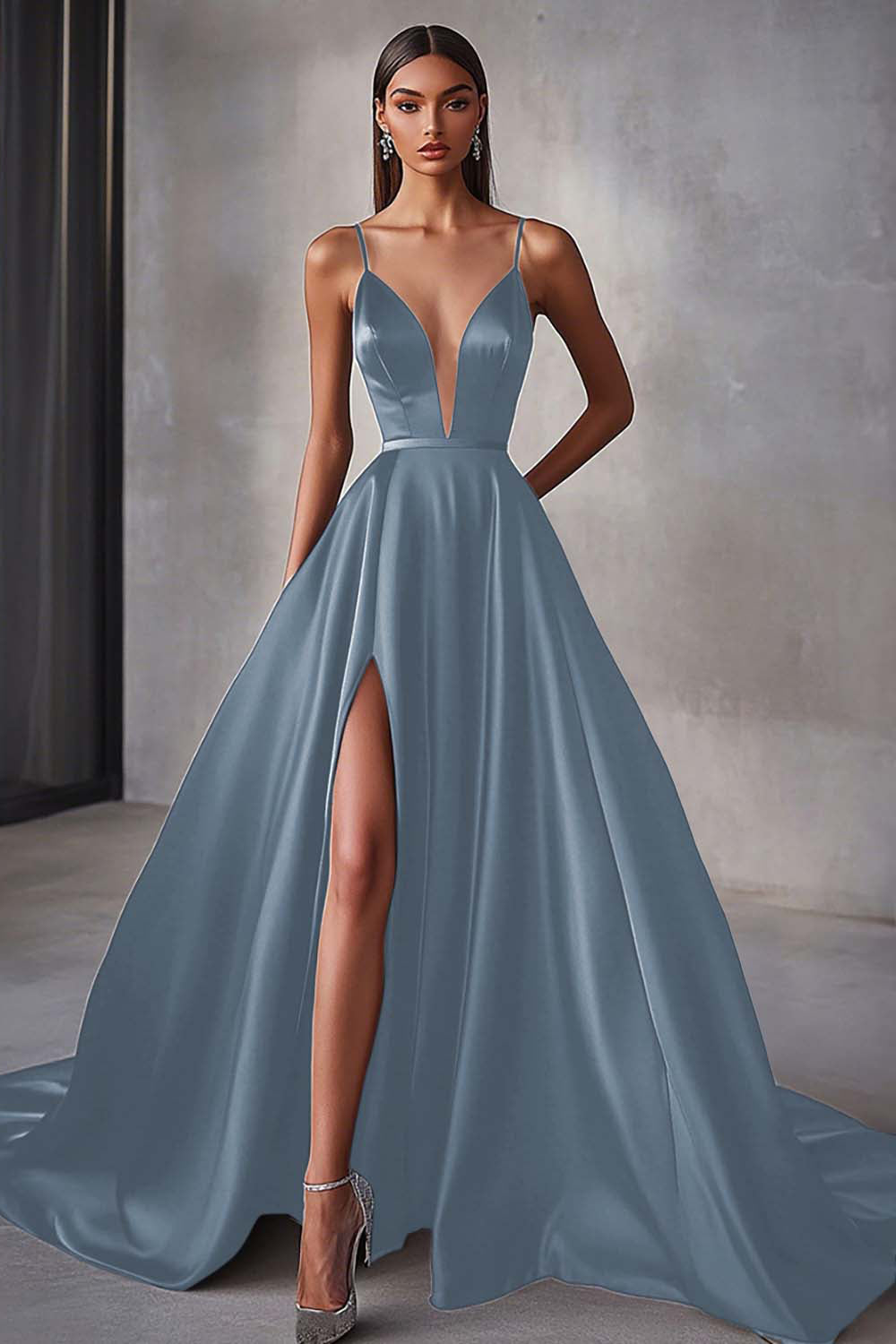 Marineblaues Satin A-Linie Spaghettiträger Langes Ballkleid mit Schlitz