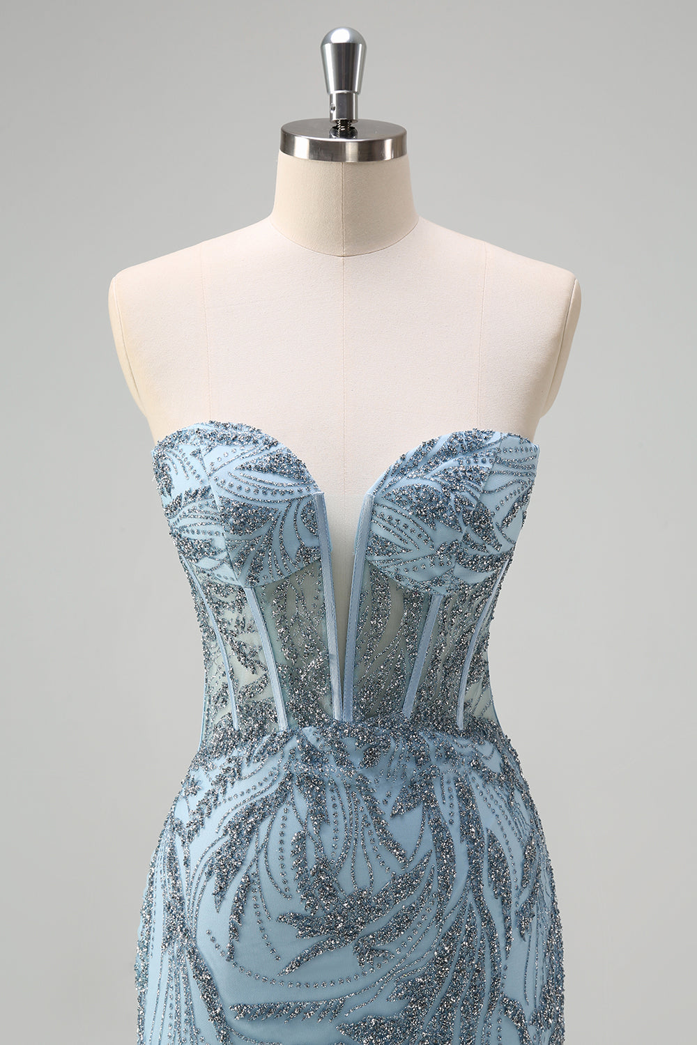 Funkelndes hellblaues Meerjungfrauen Korsett Langes perlenbesetztes Ballkleid mit Schlitz