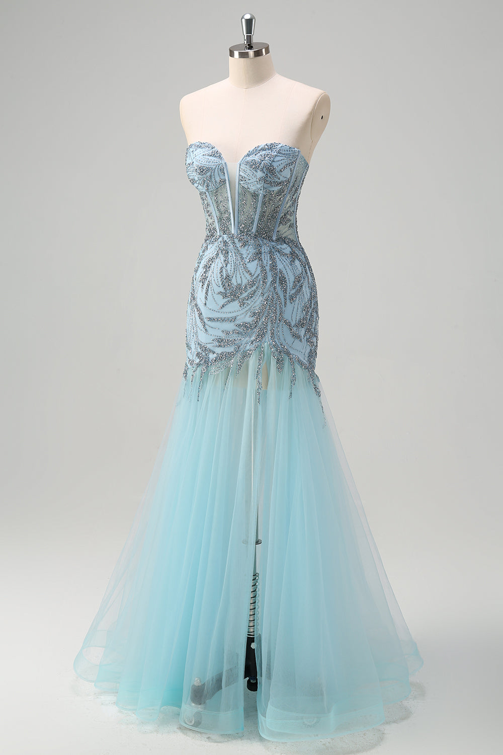 Funkelndes hellblaues Meerjungfrauen Korsett Langes perlenbesetztes Ballkleid mit Schlitz
