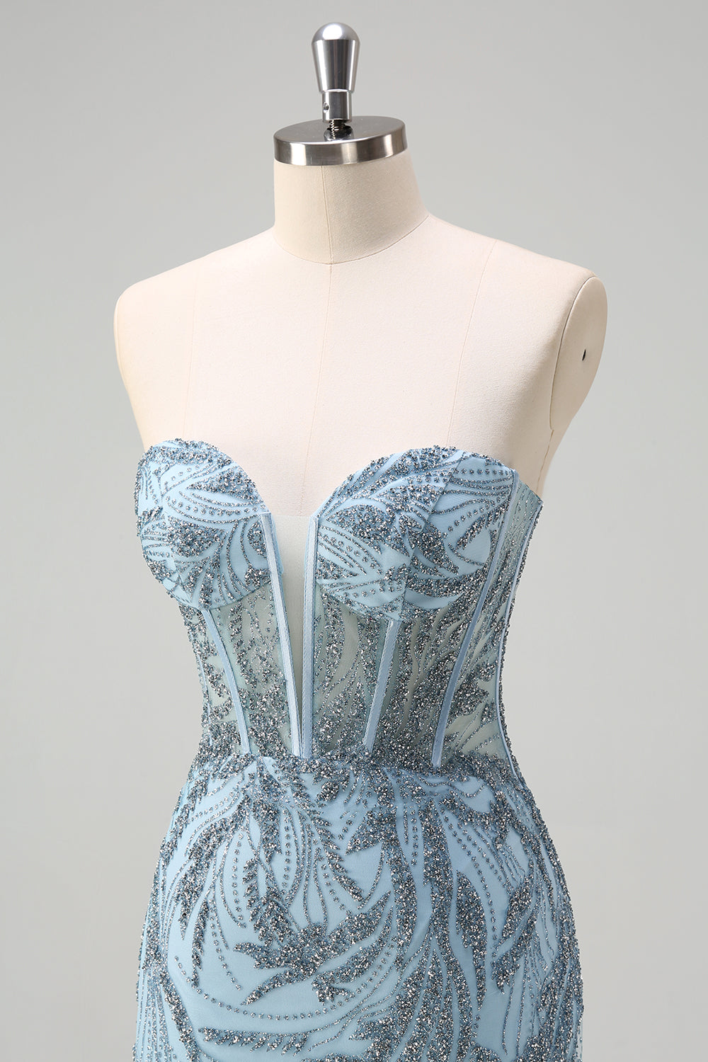 Funkelndes hellblaues Meerjungfrauen Korsett Langes perlenbesetztes Ballkleid mit Schlitz