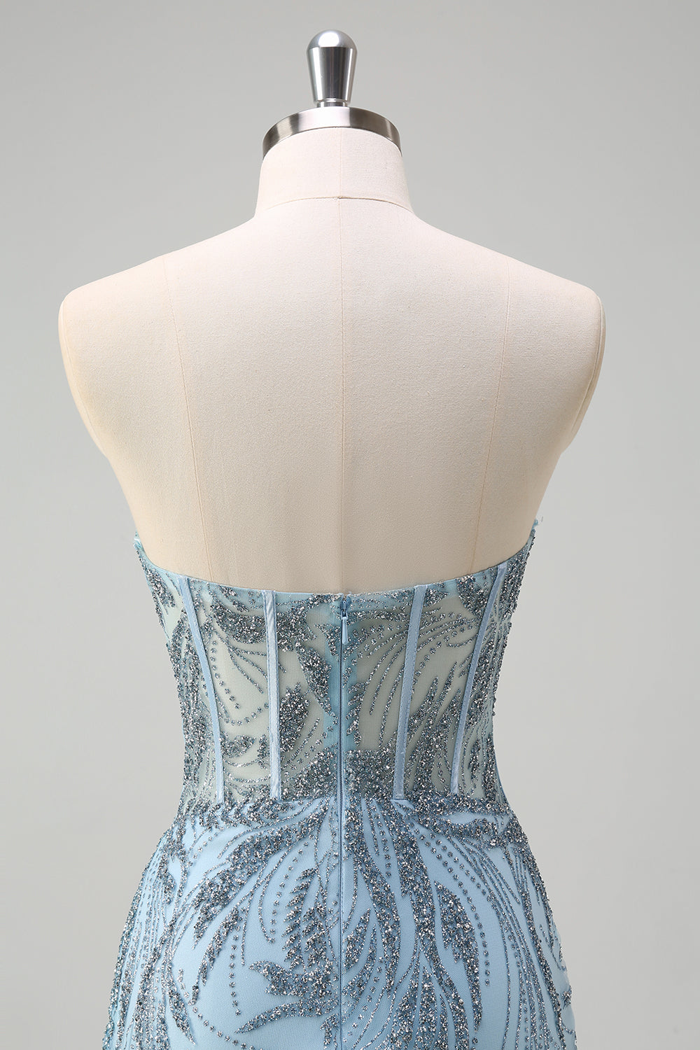 Funkelndes hellblaues Meerjungfrauen Korsett Langes perlenbesetztes Ballkleid mit Schlitz