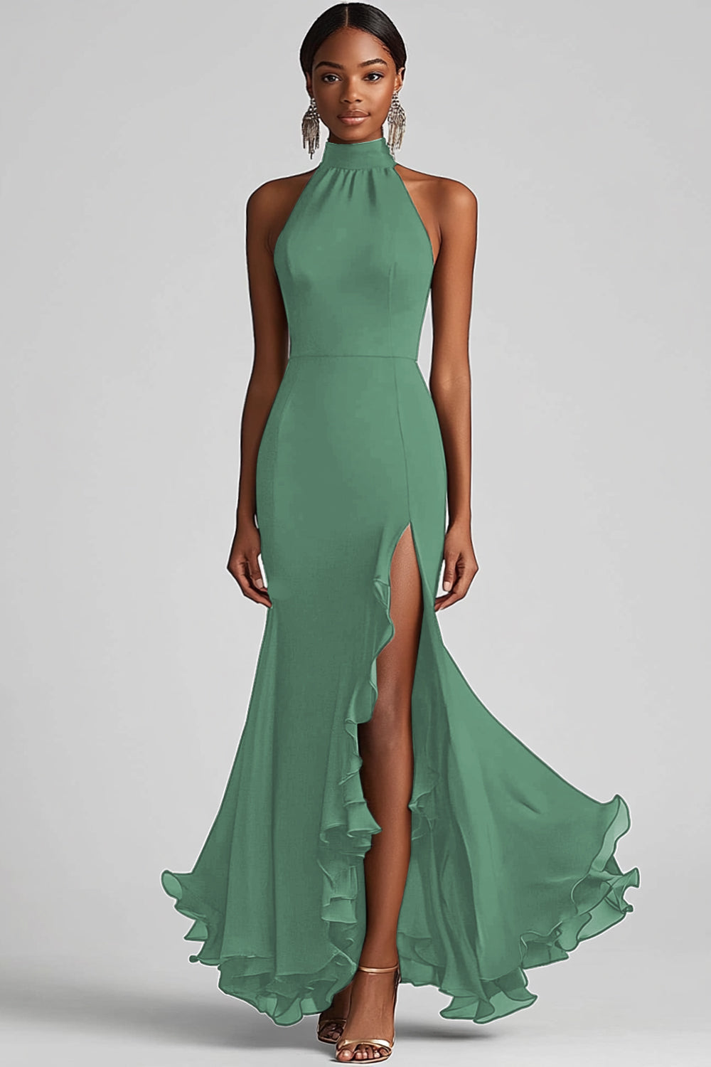 Schwarzes Meerjungfrau Langes Neckholder Rüschen Ballkleid mit Schlitz