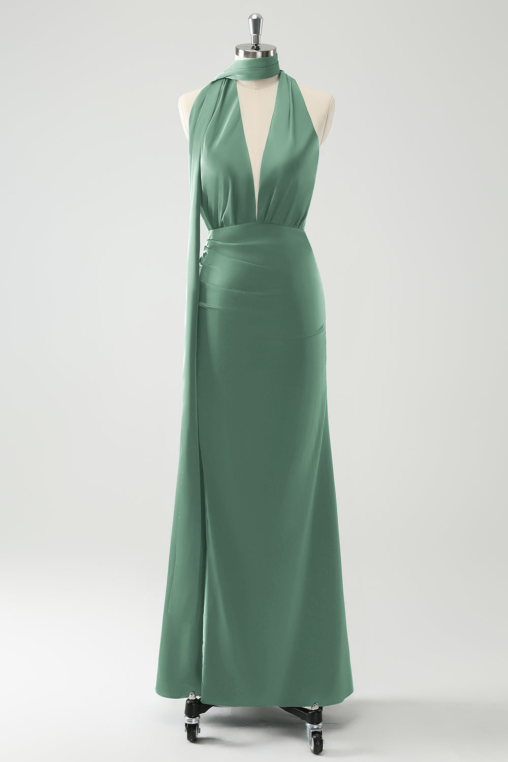 Pfauen V-Ausschnitt Rückenfreies Hochzeitsgastkleid mit Schlitz