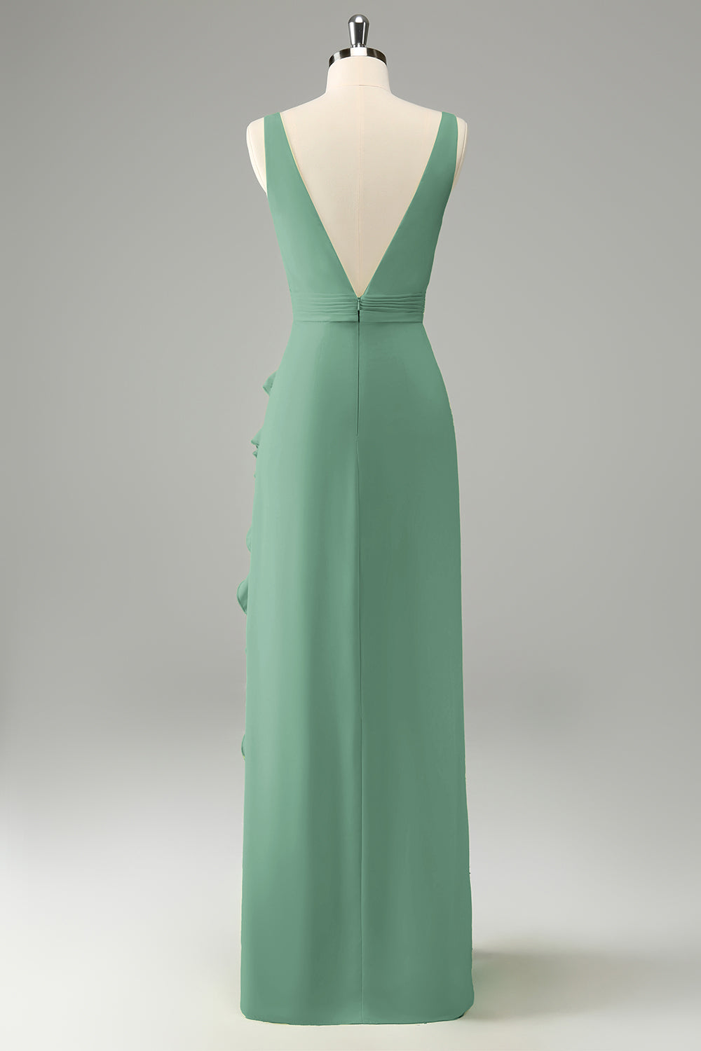 Zitrone Hochzeitsgastkleid mit tiefem V-Ausschnitt und Rüschen und Schlitz