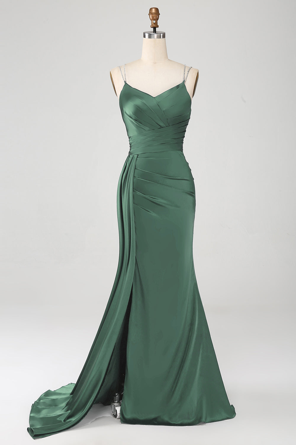 Marineblaues Meerjungfrauen Spaghettiträger Plissee Korsett Langes Ballkleid mit Schlitz