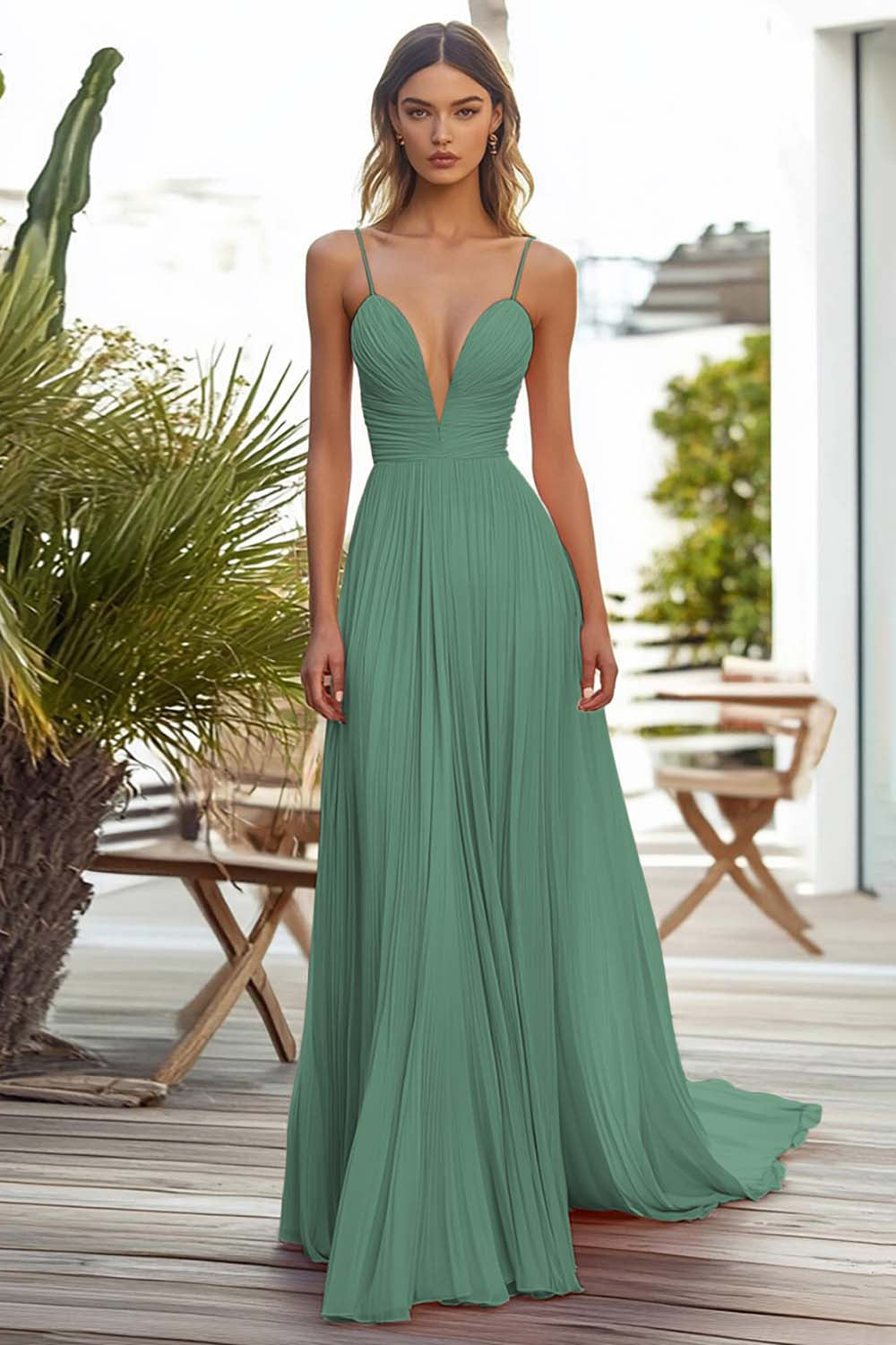Rosa A-Linie Plissee Langes Hochzeitsgastkleid