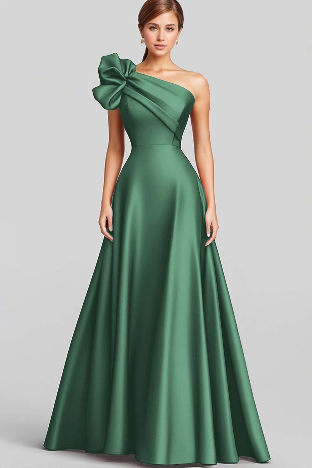 Marineblaues Langes Satin Abendkleid in A-Linie mit Rüschen und einer Schulter