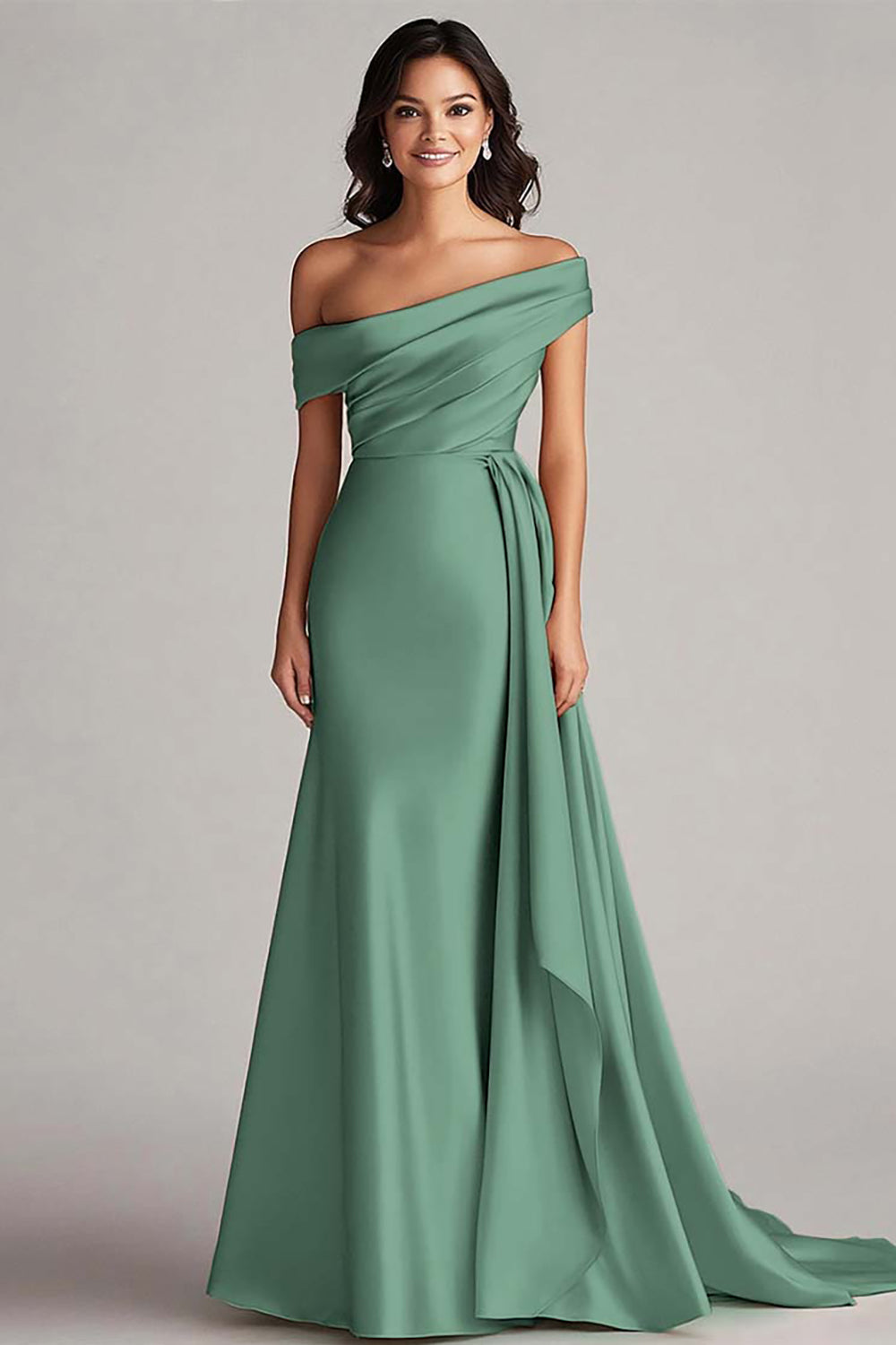 Langes Champagner Abendkleid mit einer Schulter und Falten