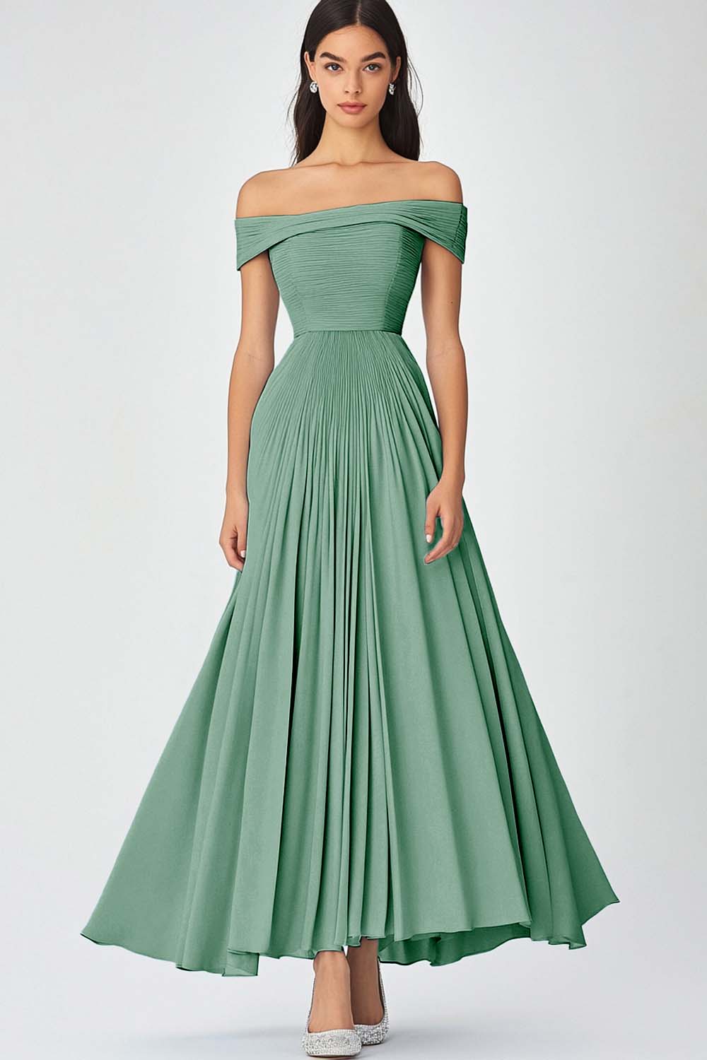 Schulterfreies Himmelblaues A-Linie Gerafftes Chiffon Abendkleid