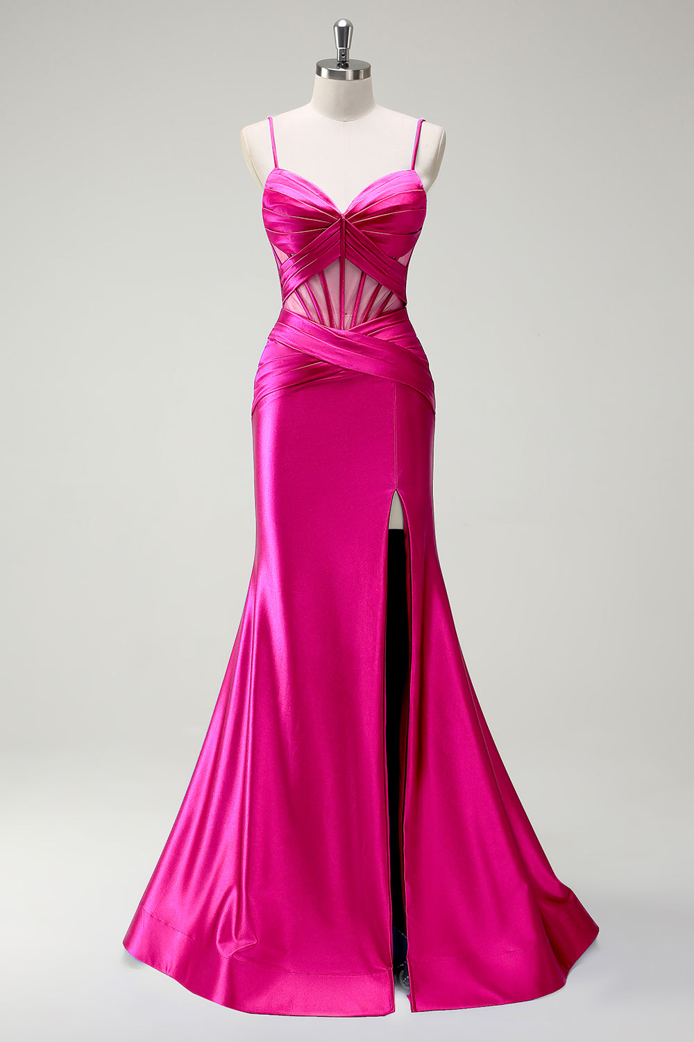 Königsblaues Meerjungfrau Spaghettiträger Satin Korsett Langes Ballkleid mit Schlitz
