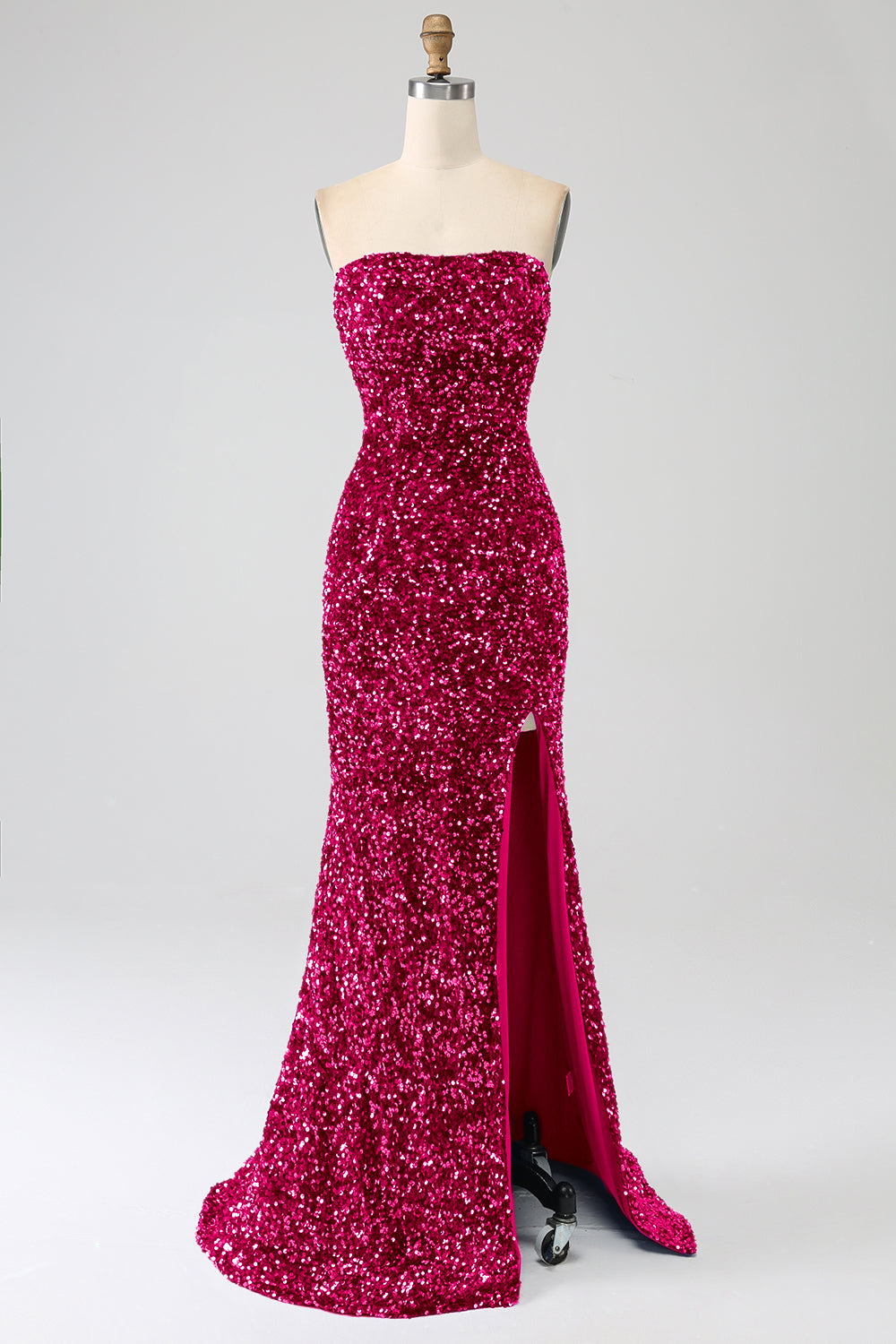 Rotes trägerloses Pailletten langes Meerjungfrauen Ballkleid mit Schlitz