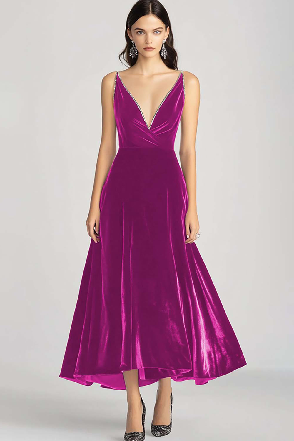 Burgunderrotes Spaghettiträger V-Ausschnitt Samt Ballkleid