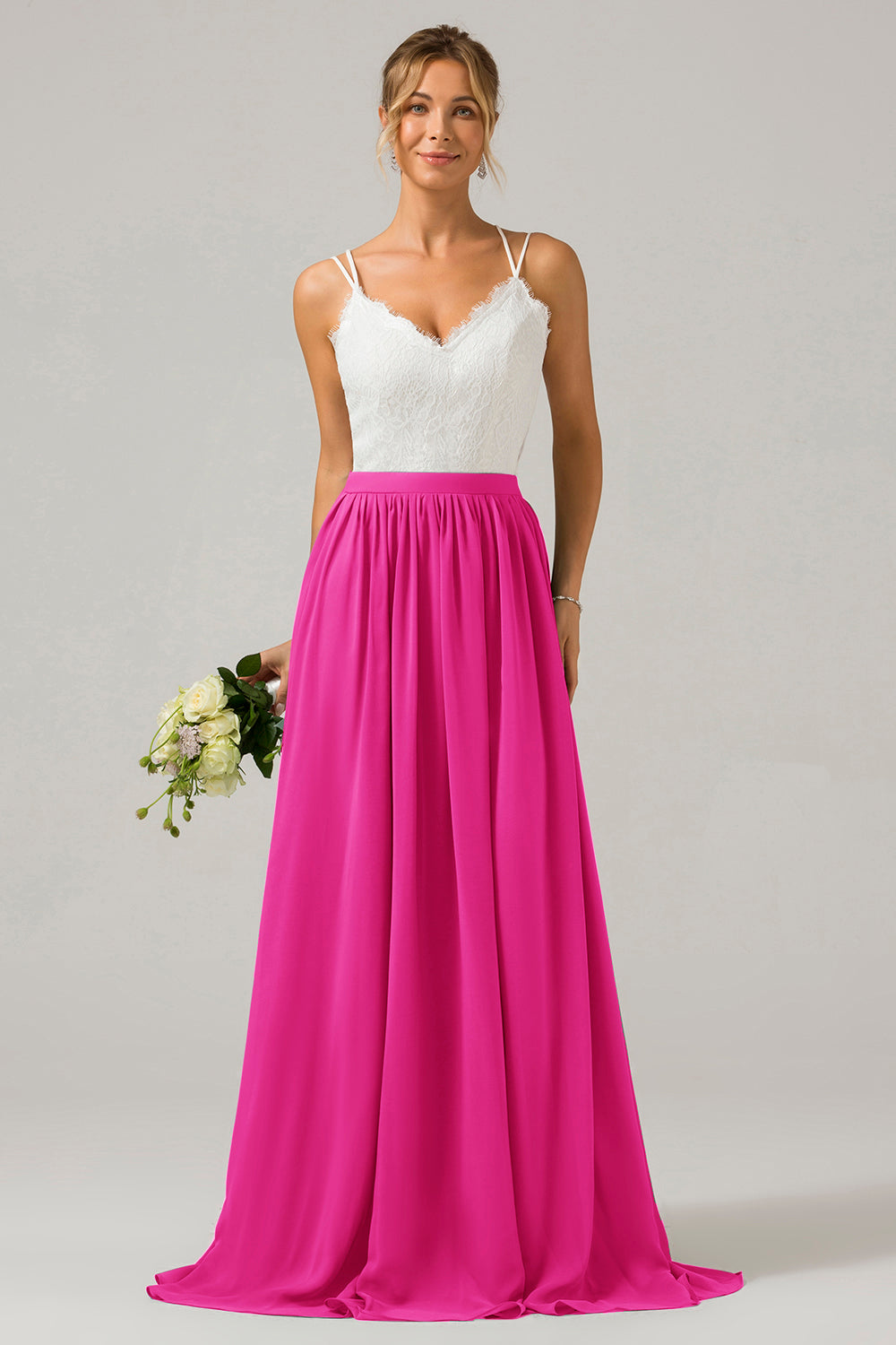 A-Linie V-Ausschnitt Boho Chiffon Langes Brautjungfernkleid mit offenem Rücken und Spitze Blush Rosa