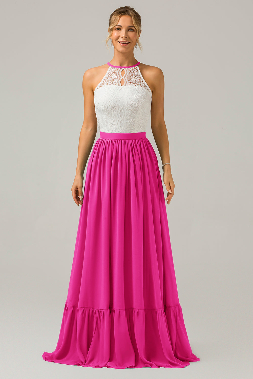 Blush Rosa Schlüsselloch Boho Chiffon Langes Brautjungfernkleid mit Spitze