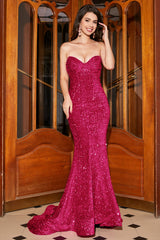 Langes Meerjungfrau Herzausschnitt Fuchsia Pailletten Ballkleid