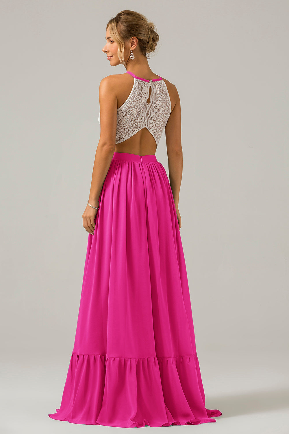 Blush Rosa Schlüsselloch Boho Chiffon Langes Brautjungfernkleid mit Spitze