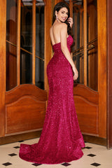 Langes Meerjungfrau Herzausschnitt Fuchsia Pailletten Ballkleid