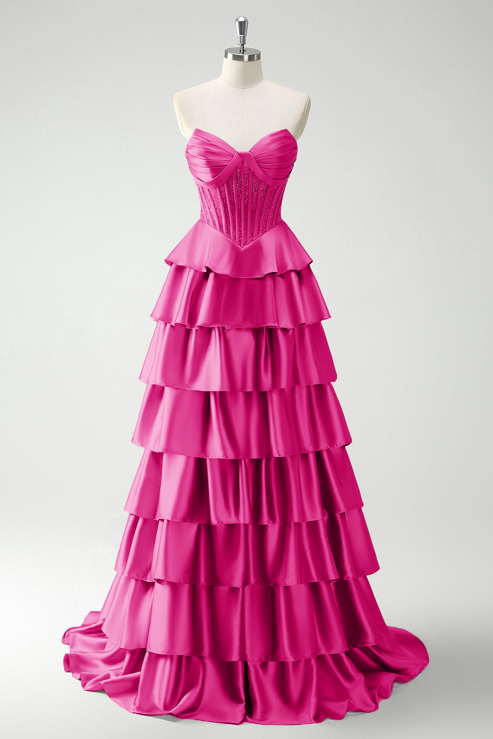 Grünes Herzausschnitt Prinzessin Satin gestuftes langes Korsett Ballkleid mit Schlitz