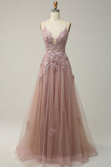 Zapaka Damen Blush Langes A-Linie Tüll Ballkleid Spaghettiträger Formelles Abendkleid mit Spitzenapplikation
